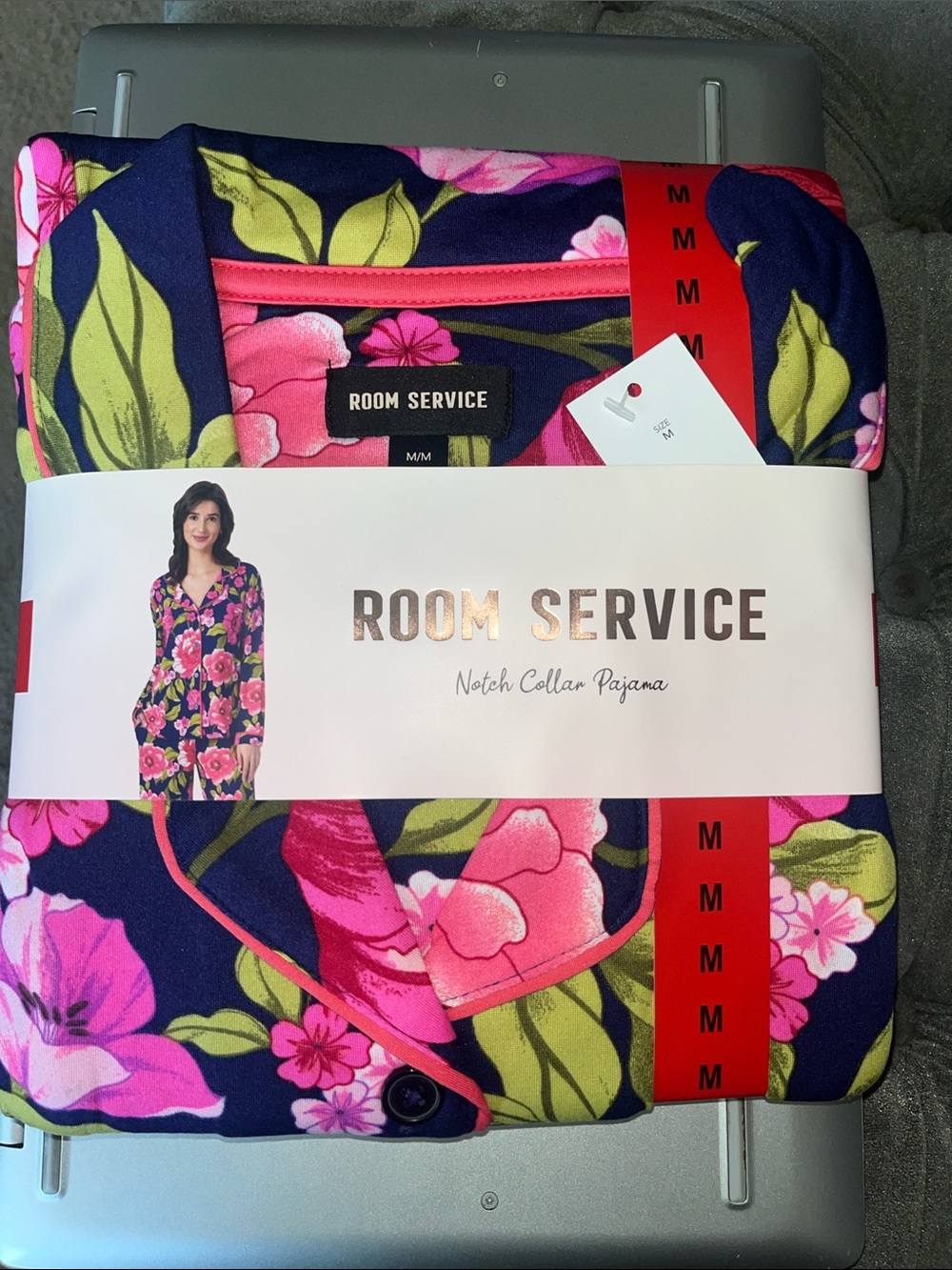 Room Service Floral Notch-Collar Pajama Set in Navy & Pink